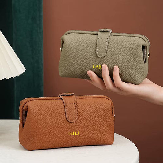 Personalized Leather Cosmetic Bag, Large Capacity Makeup Travel Case, Custom Engraved Cowhide Toiletry Bag, Luxury Bridesmaid Gift for Her